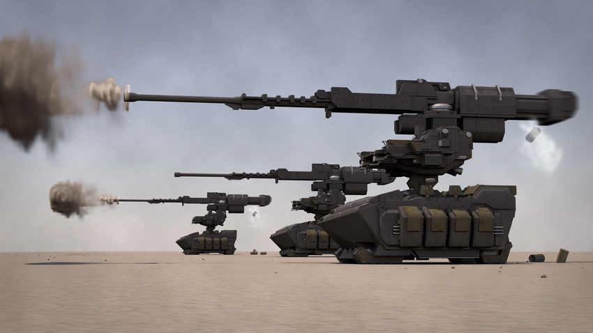 armored_core armored_core:_for_answer bad_id bad_pixiv_id cannon casing_ejection desert firing ground_vehicle highres mecha military military_vehicle motor_vehicle no_humans realistic sand science_fiction shell_casing smoke tank tank_focus