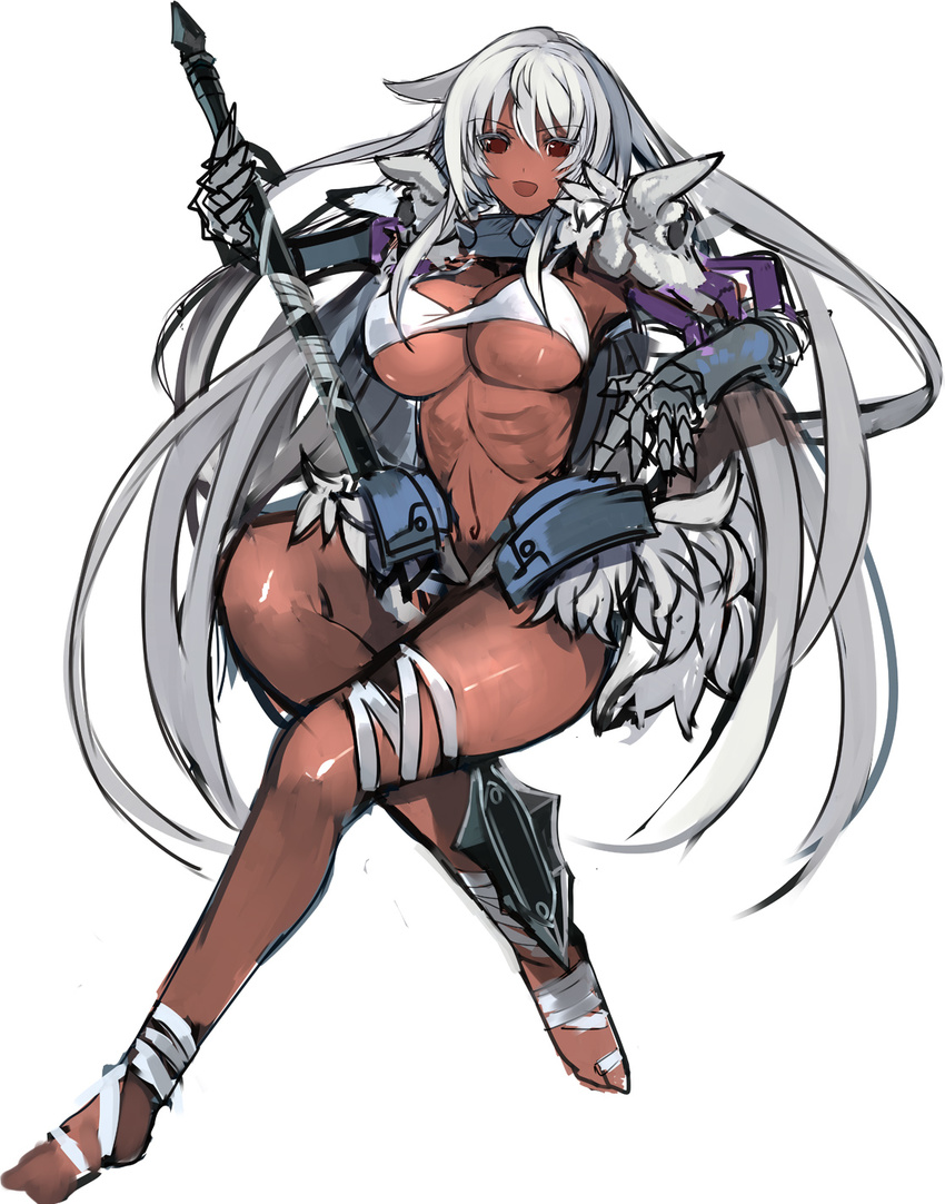 bikini_top breasts collar copyright_request dark_skin gauntlets highres large_breasts long_hair polearm pupps red_eyes silver_hair simple_background solo spear spiked_collar spikes very_long_hair weapon white_background