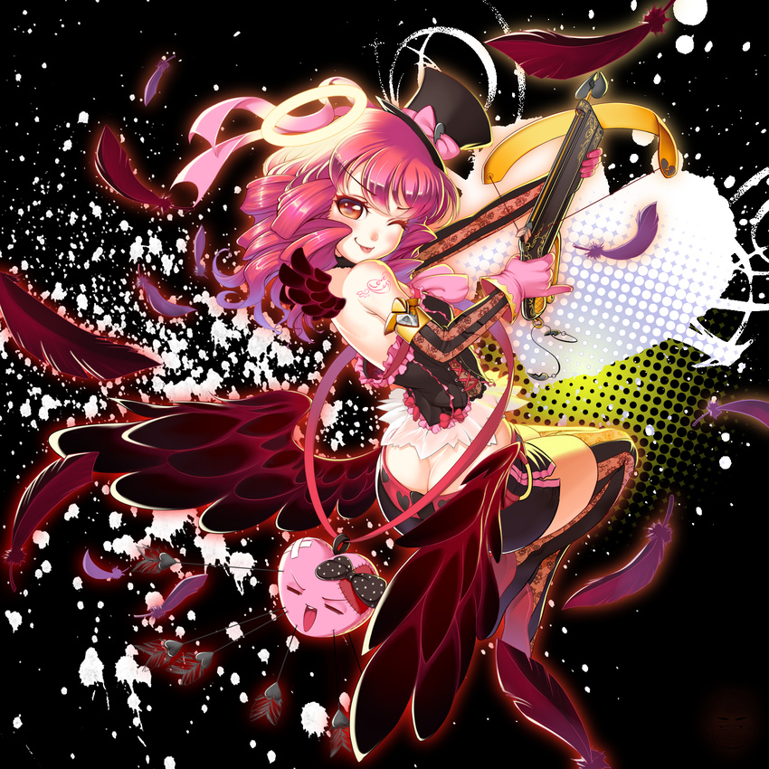 :p arrow ass bare_shoulders bow bow_(weapon) brown_eyes bustier butt_crack crossbow cupid elbow_gloves feathers gloves hair_ribbon halo hat heart highres lucknight miniskirt one_eye_closed original pink_hair ribbon skirt solo tattoo thighhighs tongue tongue_out top_hat weapon wings zettai_ryouiki