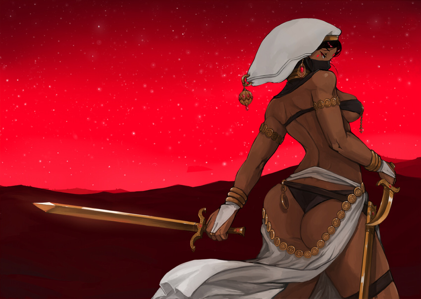 1girl ass back black_hair breasts dark_skin earrings face_mask from_behind gold jewelry lots_of_jewelry madarame mask original red_background red_eyes sand sideboob simple_background solo standing sword underwear weapon