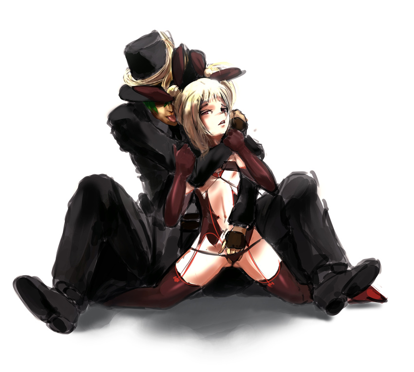 1girl blazblue blonde_hair drawfag ear_licking elbow_gloves fedora fingering g-string gloves green_hair groping hair_ribbon half-closed_eyes hat hazama highres hug hug_from_behind jacket licking long_hair navel non-web_source panties petite rachel_alucard red_eyes red_gloves red_legwear ribbon simple_background thighhighs thong twintails underwear white_background