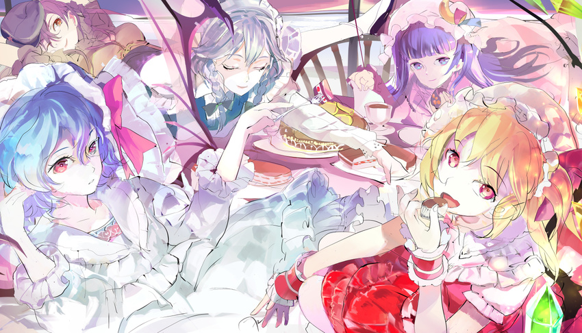 5girls arms_up bat_wings blonde_hair blue_hair braid cake closed_umbrella crescent cup dress eating flandre_scarlet food fork hat hong_meiling izayoi_sakuya long_hair looking_at_viewer maid maid_headdress multiple_girls one_eye_closed open_mouth patchouli_knowledge pink_dress pink_eyes plate purple_eyes purple_hair red_dress red_eyes remilia_scarlet short_sleeves siblings side_ponytail sisters smile teacup touhou twin_braids umbrella white_dress wings wrist_cuffs