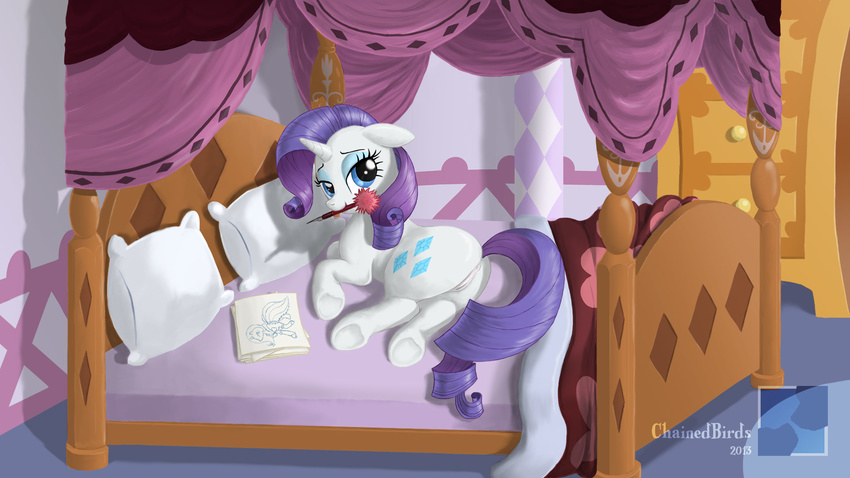 anus bed blue_eyes chainedbirds cutie_mark equine eyeshadow female feral friendship_is_magic hair horn horse inside looking_at_viewer lying makeup mammal my_little_pony nude on_side pen pillow pony purple_hair pussy rarity_(mlp) solo unicorn