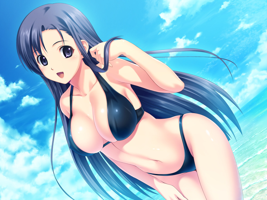 :d adjusting_hair bangs beach bikini black_bikini blue_eyes blue_hair blush breasts cleavage cloud collarbone covered_nipples cowboy_shot day dutch_angle game_cg groin hair_flip halterneck hand_on_own_thigh hand_up happy highres hips koutaro large_breasts long_hair looking_at_viewer navel ocean open_mouth outdoors saotome_nagi shiny shiny_skin sidelocks skindentation sky smile solo standing straight_hair swimsuit tropical_kiss very_long_hair water