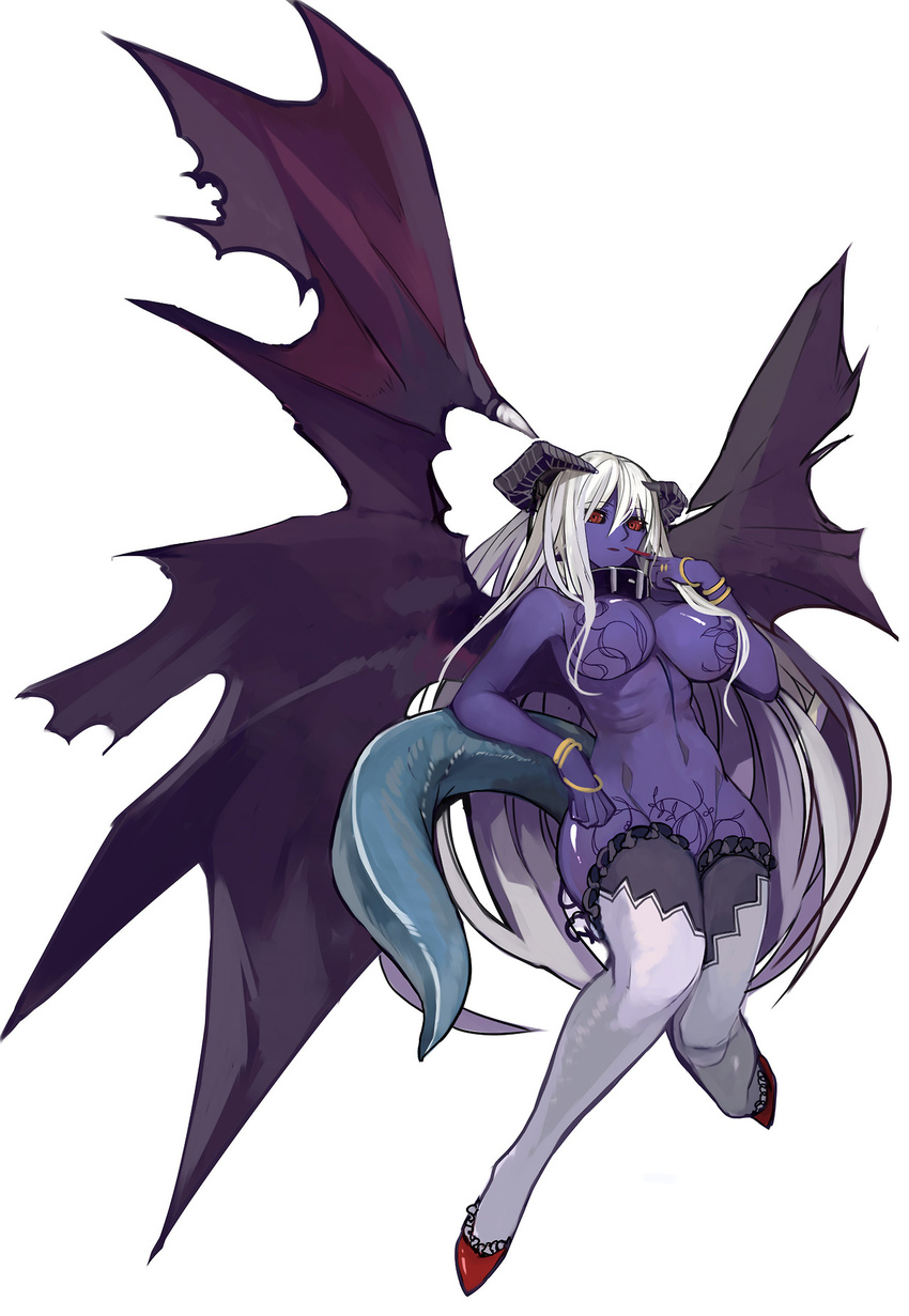 1girl bracelet breasts collar copyright_request demon_girl demon_wings highres horns jewelry large_breasts long_hair navel pupps purple_skin red_eyes solo tail thighhighs very_long_hair white_hair white_legwear wide_hips wings