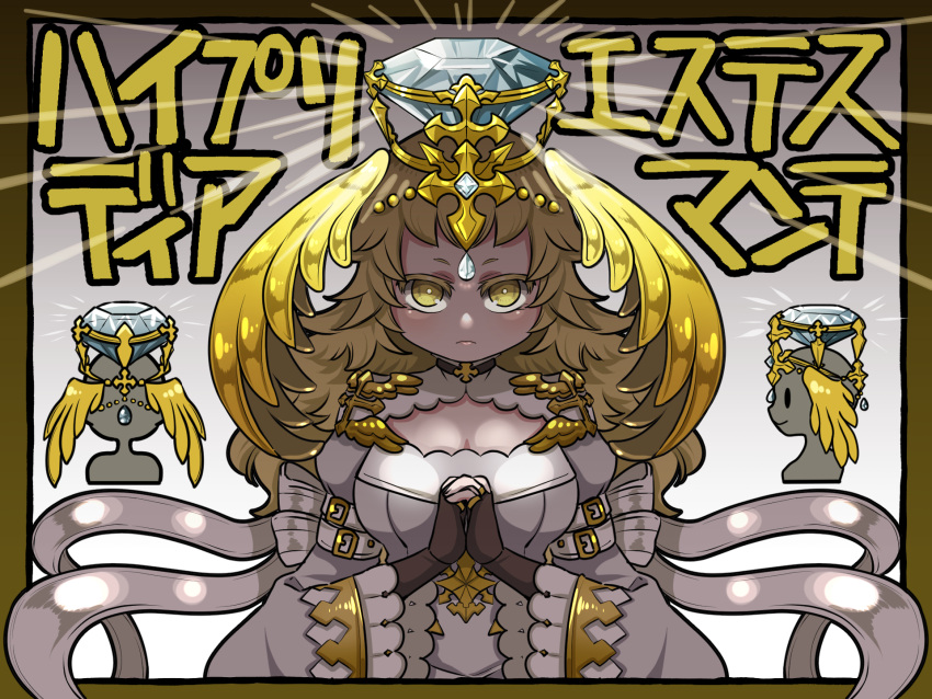 1girl blonde_hair breasts bright_pupils brown_gloves cardinal_(ragnarok_online) cleavage closed_mouth commentary_request diamond_(gemstone) dress expressionless fingerless_gloves forehead_jewel gloves golden_wings grey_background grey_dress grey_gemstone head_wings highres large_breasts long_hair looking_at_viewer love_morocc multiple_views own_hands_together ragnarok_online short_bangs translation_request upper_body white_pupils wings yellow_eyes