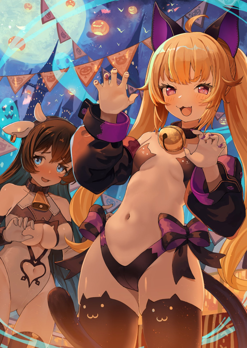 2girls :d ahoge animal_ears bare_shoulders bell black_hair black_thighhighs blonde_hair blue_eyes blush breasts castle cat_ears cat_tail cleavage collar cow_ears cow_horns detached_sleeves fang full_moon ghost greentanuki highres horns jack-o'-lantern leotard long_hair looking_at_viewer moon multiple_girls navel neck_bell original purple_eyes purple_nails revealing_clothes skin_fang smile tail thighhighs twintails very_long_hair