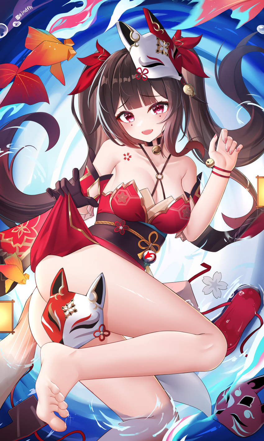 1girl absurdres bare_shoulders barefoot bell black_sash breasts brown_hair cleavage detached_sleeves dress fox_mask highres honkai:_star_rail honkai_(series) jingle_bell jndfh koi long_hair looking_at_viewer mask mask_on_head mole mole_under_each_eye mole_under_eye multiple_moles nail_polish neck_bell red_dress red_nails sash shoulder_tattoo smile solo sparkle sparkle_(honkai:_star_rail) tattoo thighs toes twintails very_long_hair