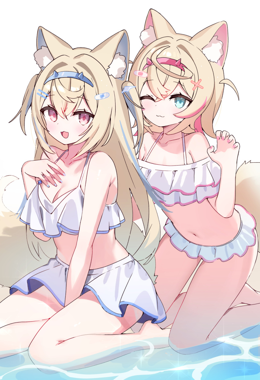 2girls :3 ;3 animal_ear_fluff animal_ears bandaid bandaid_hair_ornament bikini bikini_skirt blonde_hair blue_eyes blue_hair blue_hairband breasts cleavage collarbone commentary dog_ears dog_girl dog_tail flat_chest fuwawa_abyssgard hair_between_eyes hair_ornament hairband highres hololive hololive_english horn_hairband kneeling large_breasts long_hair looking_at_viewer midriff mococo_abyssgard multicolored_hair multiple_girls navel ocean one_eye_closed open_mouth pink_eyes pink_hair pink_hairband seiza short_hair siblings simple_background sisters sitting smile streaked_hair swimsuit tail twins two_side_up virtual_youtuber white_background white_bikini x_hair_ornament zenshin