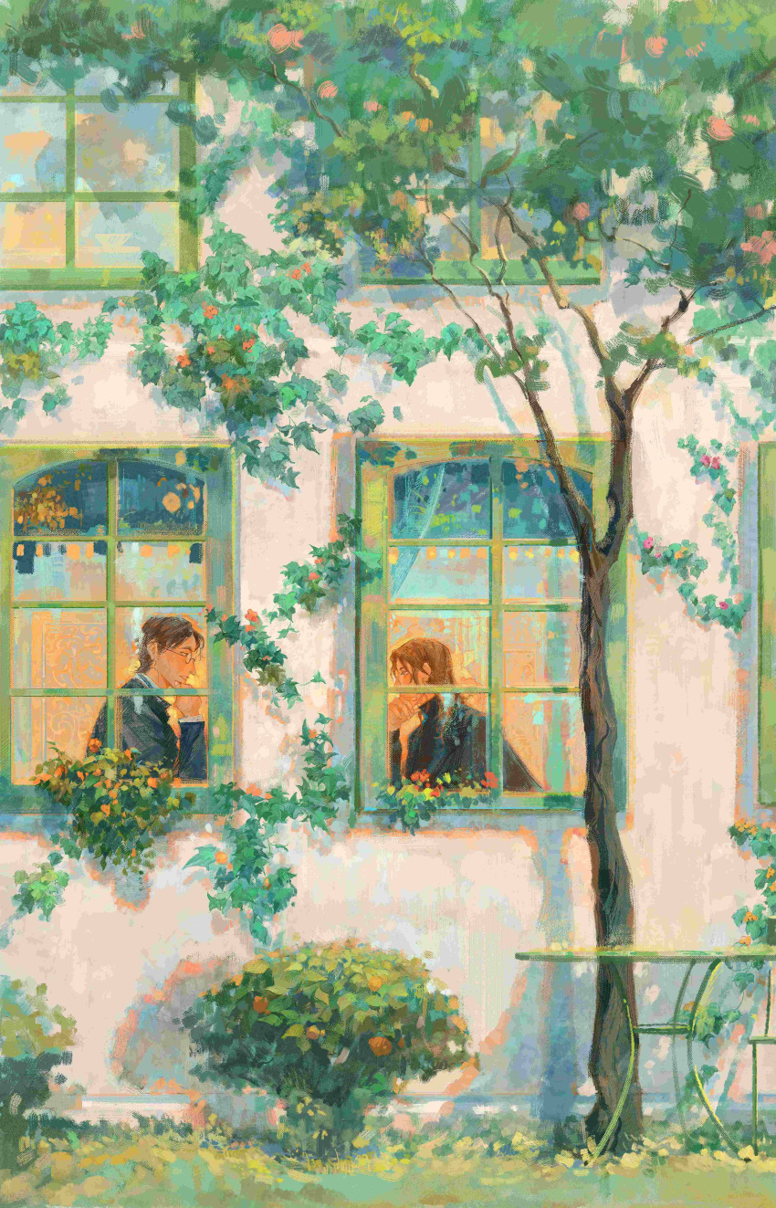 2boys absurdres alexei_karamazov black_shirt black_suit brothers brown_hair building day glasses hand_on_own_chin highres ivan_karamazov leaf light_brown_hair long_hair looking_at_another multiple_boys shirt short_hair siblings suit sutekooooo table talking the_karamazov_brothers tree window