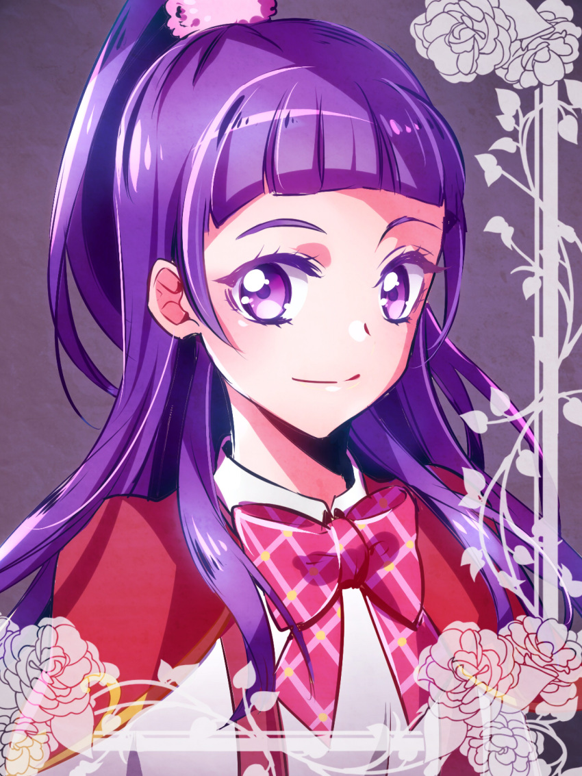 1girl blunt_bangs bow bowtie capelet closed_mouth grey_background hair_ornament high_ponytail highres izayoi_liko long_hair looking_at_viewer mahou_girls_precure! plaid plaid_bow plaid_bowtie portrait precure purple_eyes purple_hair red_bow red_bowtie red_capelet shipu_(gassyumaron) shirt smile solo white_shirt