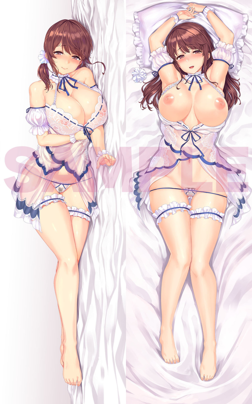 arms_up breasts brown_hair dakimakura_(medium) female_pubic_hair frills hair_ornament hair_scrunchie highres idolmaster idolmaster_cinderella_girls large_breasts long_hair lying midriff mifune_miyu navel nightgown on_back on_side pillow pubic_hair sample_watermark scrunchie see-through shiokonbu thigh_strap watermark