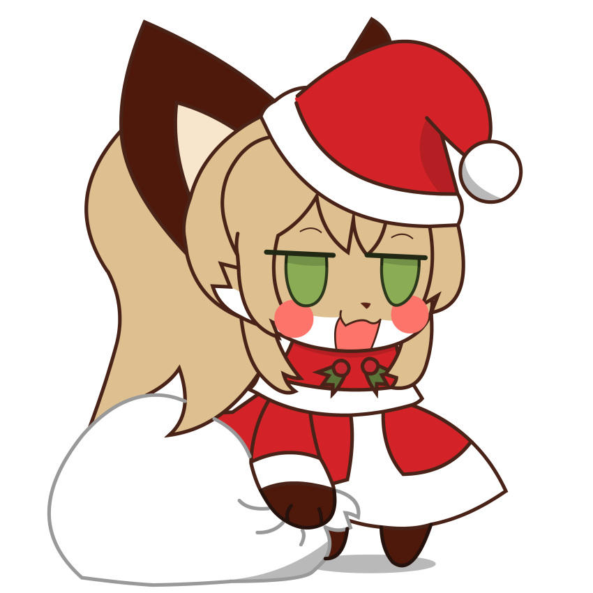 1:1 absurd_res anthro averi_(fiddleafox) brown_body brown_fur canid canine christmas clothing costume dipstick_tail female female_anthro fox fur gloves_(marking) green_eyes hair hi_res holidays leg_markings mammal markings padoru red_clothing santa_costume simple_background socks_(marking) solo standing tail tail_markings unknown_artist white_body white_fur