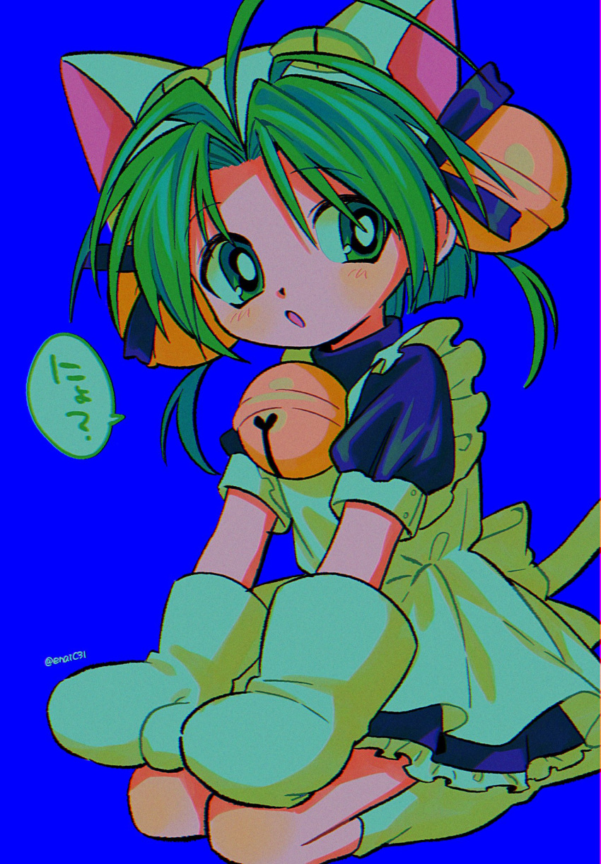 1girl animal_ears animal_hat apron artist_name back_bow bell blue_background blue_dress bow bright_pupils cat_ears cat_hat cat_tail dejiko di_gi_charat dress green_eyes green_hair hair_bell hair_intakes hair_ornament hat highres jingle_bell menma_(enaic31) mittens neck_bell open_mouth short_hair simple_background speech_bubble tail twitter_username white_bow white_mittens white_pupils