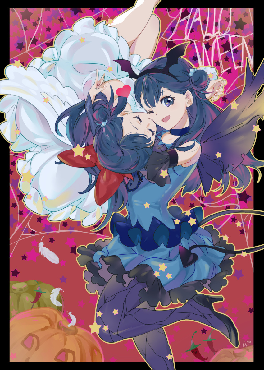 2girls ;d absurdres black_border black_eyes black_hair black_hairband black_pantyhose blue_choker blue_shirt blue_skirt border choker closed_eyes collarbone dress feathers floating_hair frilled_skirt frills hair_bun hairband halloween halloween_costume highres hugtto!_precure long_hair miniskirt multiple_girls one_eye_closed pantyhose precure pumpkin shipu_(gassyumaron) shirt short_dress skirt skirt_set sleeveless sleeveless_shirt smile white_dress white_feathers yakushiji_saaya