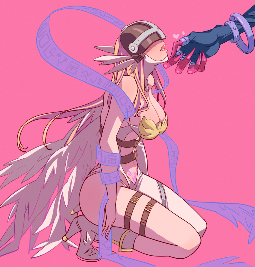 2girls angewomon asymmetrical_clothes bare_shoulders blush breasts claws clothing_cutout covered_eyes digimon digimon_(creature) full_body futa_yuri_ryona hand_on_another's_chin head_wings helmet highres kneeling ladydevimon large_breasts leg_belt long_hair looking_up multiple_girls o-ring parted_lips pubic_tattoo ribbon stomach_cutout tattoo wings yuri