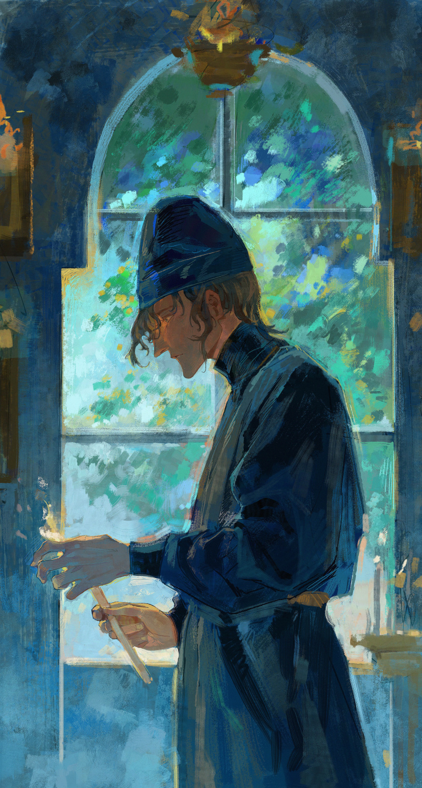 1boy absurdres black_headwear black_robe brown_hair candle cowboy_shot curly_hair faux_traditional_media high_collar highres holding holding_candle indoors ivan_karamazov looking_at_object looking_down male_focus monk robe serious short_hair sutekooooo the_karamazov_brothers window