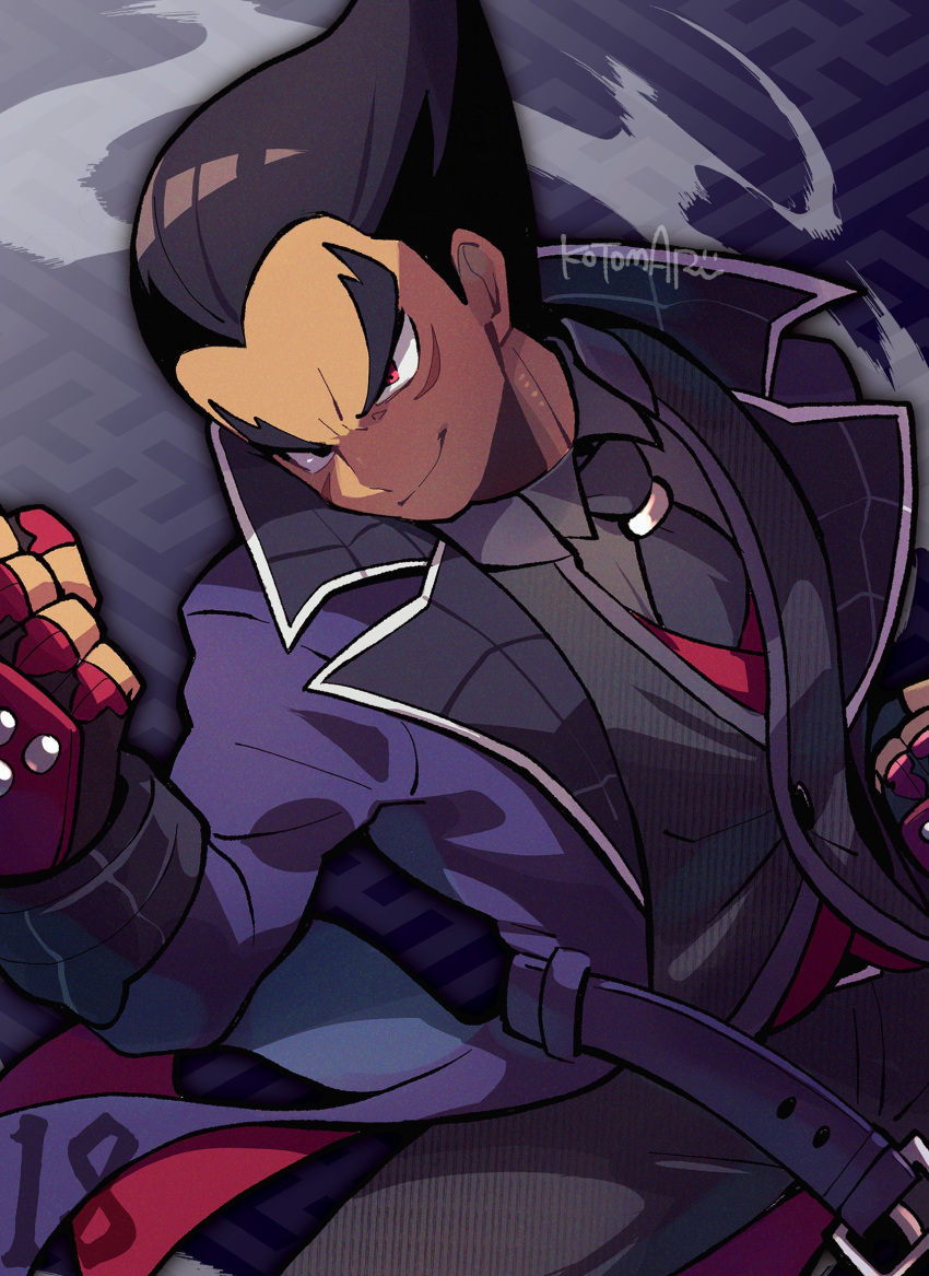 1boy black_eyes black_hair clenched_hand coat collared_shirt dutch_angle fighting_stance gloves grey_jacket grey_necktie grey_shirt highres jacket kotorai male_focus mishima_kazuya necktie purple_coat red_eyes red_gloves shirt short_hair signature smile smoke solo studded_gloves tekken v-shaped_eyebrows