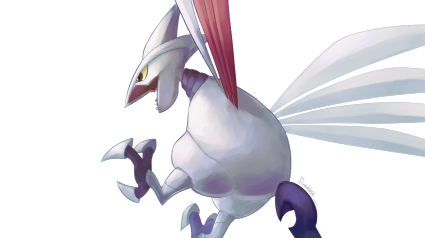 animal_focus artist_name colored_skin fireblast grey_skin highres no_humans open_mouth pokemon pokemon_(creature) sharp_teeth simple_background skarmory tail talons teeth twitter_username white_background wings yellow_eyes