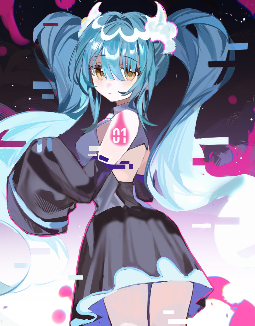 absurdres ass back_cutout black_background black_skirt black_sleeves blue_hair blunt_bangs breasts circlet closed_mouth clothing_cutout collared_shirt detached_sleeves expressionless eyelashes fire from_behind ghost_miku_(project_voltage) ghost_pose glitch gradient_background gradient_hair grey_shirt hair_between_eyes hatsune_miku high_collar highres long_hair long_sleeves looking_at_viewer miniskirt multicolored_hair number_tattoo pink_fire pokemon project_voltage shi_maomaosha shirt shoulder_tattoo sideboob skirt sleeveless sleeveless_shirt tattoo very_long_hair vocaloid white_background wide_sleeves yellow_eyes