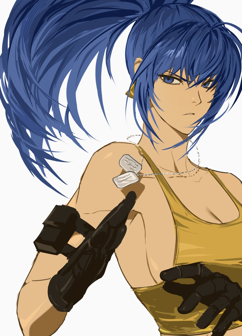 1girl absurdres arm_pouch bare_shoulders black_gloves blue_eyes blue_hair crop_top dog_tags earrings gloves highres jewelry leona_heidern ponytail runred24 simple_background sleeveless soldier solo tank_top the_king_of_fighters the_king_of_fighters_xv triangle_earrings white_background yellow_tank_top