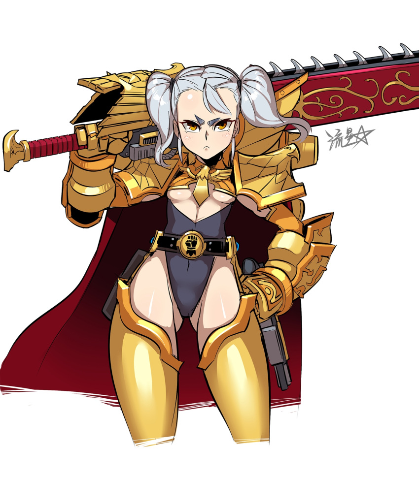 1girl armor belt belt_buckle bikini_armor breasts buckle cape chainsaw closed_mouth contrapposto furrowed_brow gauntlets genderswap genderswap_(mtf) gold_armor gold_trim gun hand_on_own_hip highres holding holding_weapon huge_weapon imperial_fists imperium_of_man over_shoulder pauldrons power_armor primarch rogal_dorn ryuusei_(mark_ii) short_eyebrows short_hair short_twintails shoulder_armor signature small_breasts solo standing storm's_teeth sword sword_over_shoulder thighhighs twintails underboob warhammer_40k weapon weapon_over_shoulder white_background white_hair yellow_eyes