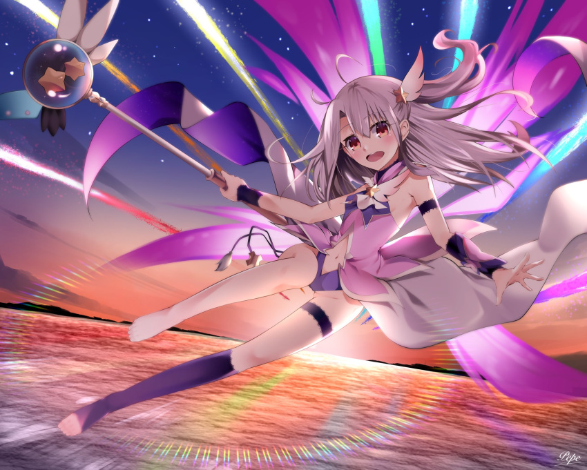 1girl ascot bare_shoulders blue_sky blush breasts center_opening clothing_cutout detached_sleeves dress fate/grand_order fate_(series) gradient_sky grey_hair hair_ornament highres illyasviel_von_einzbern illyasviel_von_einzbern_(swimsuit_archer) kaleidostick layered_skirt leotard long_hair looking_at_viewer magical_ruby magical_sapphire navel navel_cutout ocean one_side_up orange_sky pei_iriya pink_dress purple_leotard purple_thighhighs red_eyes sidelocks single_thighhigh skirt sky small_breasts sunset thighhighs twilight wand white_skirt
