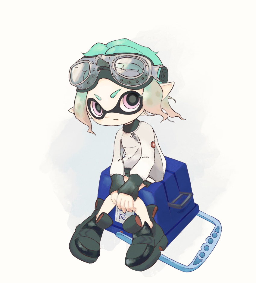 1boy black_footwear bucket closed_mouth fireblast frown full_body goggles goggles_on_head green_hair highres inkling inkling_girl pink_eyes pointy_ears shoes short_hair simple_background sitting solo splatoon_(series) splatoon_3 tentacle_hair tri-slosher_(splatoon) weapon white_background