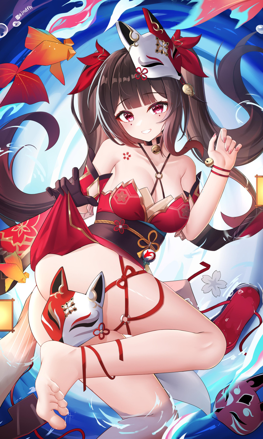 1girl absurdres bare_shoulders barefoot bell black_sash breasts brown_hair cleavage detached_sleeves dress fox_mask highres honkai:_star_rail honkai_(series) jingle_bell jndfh koi long_hair looking_at_viewer mask mask_on_head mole mole_under_each_eye mole_under_eye multiple_moles nail_polish neck_bell red_dress red_nails sash shoulder_tattoo smile solo sparkle sparkle_(honkai:_star_rail) tattoo thighs toes twintails very_long_hair
