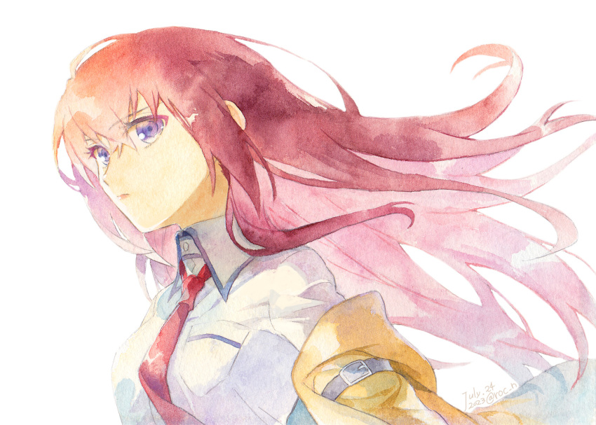 1girl breast_pocket closed_mouth collared_shirt floating_hair from_side hair_between_eyes long_hair makise_kurisu necktie painting_(medium) pocket purple_eyes red_hair red_necktie rocni shirt simple_background solo steins;gate straight_hair traditional_media upper_body watercolor_(medium) white_background white_shirt wing_collar