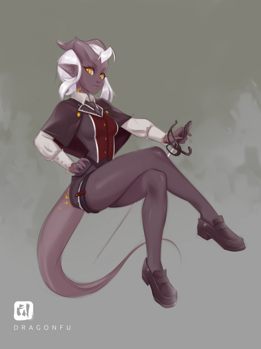 2019 bottomwear breasts capelet clothed clothing crossed_legs dragonfu female footwear full-length_portrait fully_clothed grey_background hair hand_on_hip hi_res holding_object holding_sword holding_weapon horn hotpants humanoid humanoid_pointy_ears hybrid looking_at_viewer melee_weapon minishorts not_furry portrait pupils purple_body purple_skin rapier scales scalie shoes shorts simple_background slit_pupils small_waist solo sword tail tiefling topwear vest vigil_nightwarden weapon white_hair yellow_body yellow_eyes yellow_scales