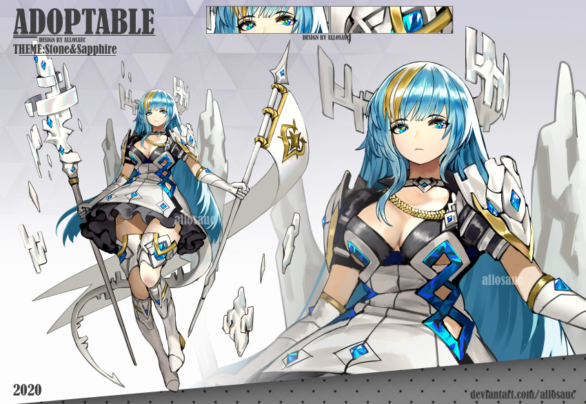 1girl 2020 adoptable allosauc armor artist_name black_sleeves blonde_hair blue_eyes blue_hair boots breasts choker cleavage close-up closed_mouth collarbone commentary cowboy_shot deviantart_username dress dual_wielding elbow_gloves english_commentary english_text eyelashes flag frilled_dress frills frown full_body gloves gradient_background grey_background halo high_heel_boots high_heels highres holding holding_flag holding_staff knee_boots large_breasts long_hair looking_at_viewer multicolored_hair multiple_views original pauldrons reference_sheet short_dress short_sleeves shoulder_armor simple_background single_sidelock staff streaked_hair triangle_background very_long_hair watermark white_choker white_dress white_footwear white_gloves white_halo