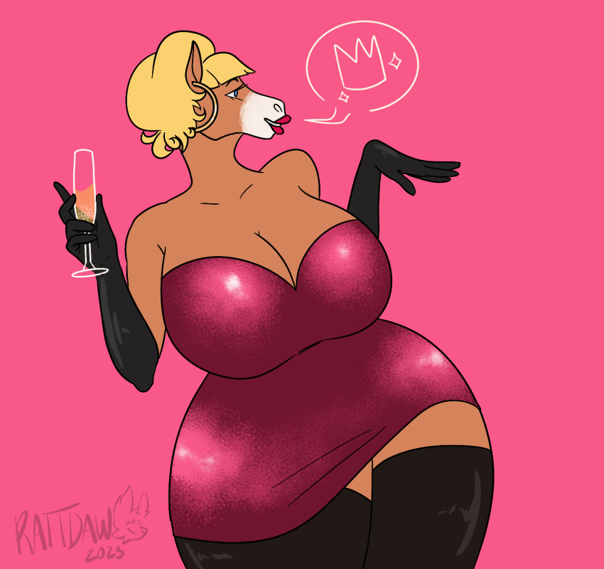 alcohol alcoholic_drink anthro armwear beverage big_breasts black_clothing black_legwear black_thigh_highs blonde_hair breasts brown_body brown_fur clothed clothing clothing_lift crown dress ear_piercing ear_ring elbow_gloves equid equine female fur gloves hair handwear headgear hi_res hoop_ear_ring horse legwear mammal piercing pink_clothing rattdawg ring_piercing simple_background solo_focus speech_bubble thick_thighs thigh_highs