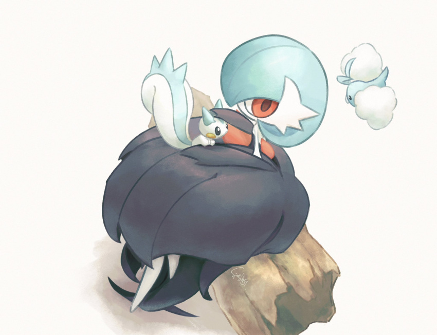 alternate_color artist_name bird black_eyes blue_hair blue_skin cloud colored_skin fireblast fluffy gardevoir highres log mega_gardevoir pachirisu pokemon pokemon_(creature) red_eyes shiny_pokemon simple_background sitting squirrel swablu tail twitter_username white_background white_skin wings wood