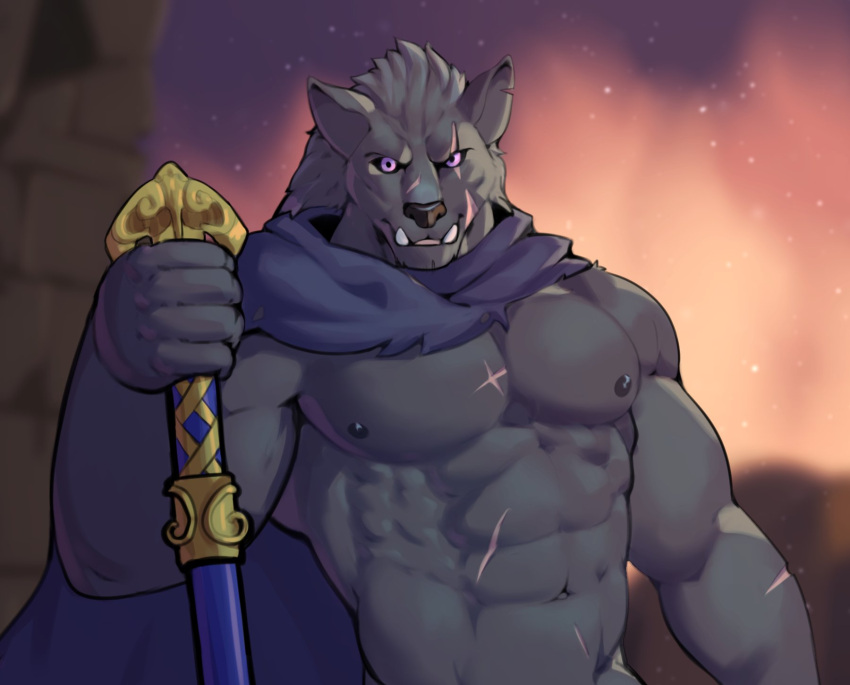 abs anthro blaidd_(elden_ring) bust_portrait canid canine canis cloak_only elden_ring eye_scar facial_scar fangs fromsoftware fur grey_body grey_fur grey_hair hair hi_res jrjresq looking_at_viewer male mammal melee_weapon muscular muscular_anthro muscular_male notched_ear obliques pecs portrait purple_eyes scar shirtless sky solo sword teeth weapon wolf