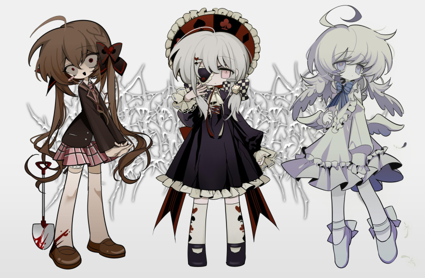 3girls absurdres black_footwear blood blood_on_leg blood_on_shovel blue_bow blue_eyes blush_stickers bow brown_hair brown_jacket colored_skin dress eyepatch frilled_dress frills full_body hair_wings headdress highres jacket long_hair meyou_0319 multicolored_clothes multicolored_headwear multiple_girls necktie open_mouth original pink_eyes pink_necktie pink_skirt school_uniform shovel skirt small_pupils standing white_background white_dress white_hair white_skin