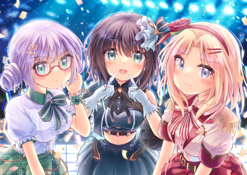 3girls alternate_costume aoi_erika black_hair blonde_hair blue_eyes blush breasts closed_mouth commentary_request glass gloves hair_ornament hairclip heaven_burns_red highres higuchi_seika idol looking_at_viewer medium_breasts midriff minase_ichigo mitsuna multiple_girls navel open_mouth purple_hair stage uniform