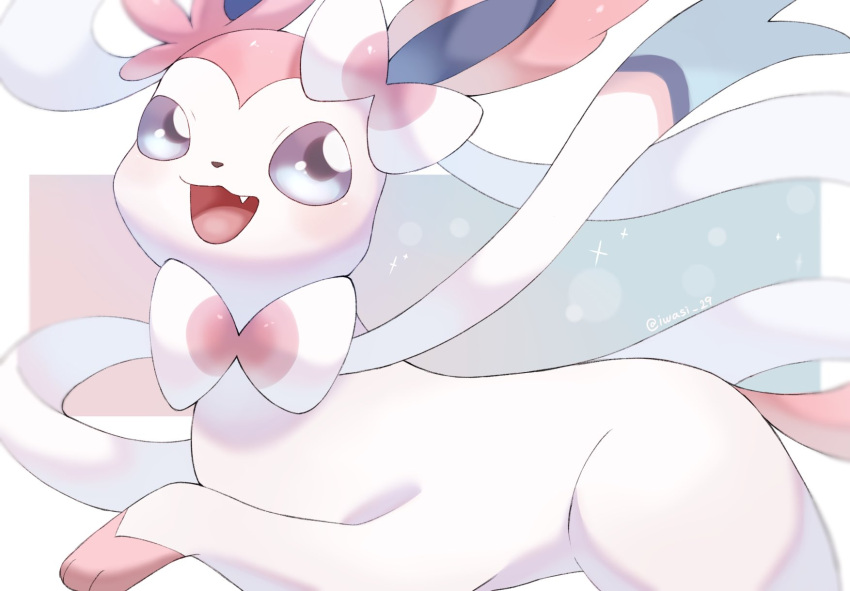 animal_focus artist_name blue_background blue_eyes border bow commentary_request fang gradient_background highres iwasi_29 no_humans open_mouth outside_border pink_background pokemon pokemon_(creature) prehensile_ribbon smile sylveon tail twitter_username white_border white_bow white_fur