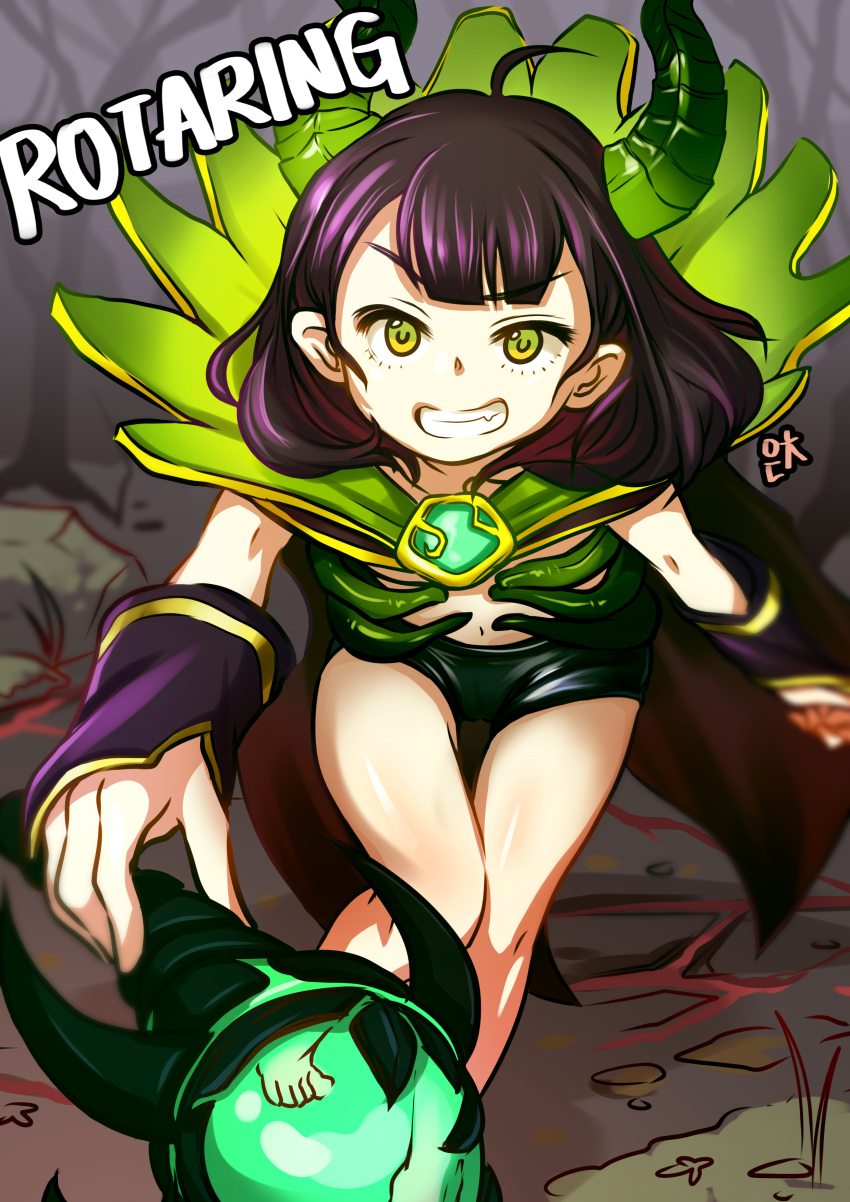 1girl absurdres ahoge arm_guards barefoot black_cape cape commission dota_(series) dota_2 edich_art english_commentary english_text fang gem genderswap genderswap_(mtf) green_eyes green_shorts grin highres holding holding_staff horns navel outdoors pugna_(dota) short_hair short_shorts shorts smile solo staff stomach teeth toes