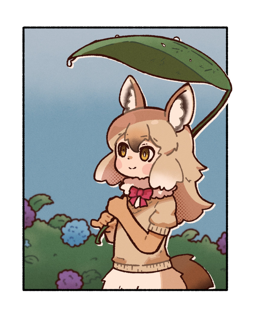 1girl african_golden_wolf_(kemono_friends) animal_ears blonde_hair border bow bowtie bush cardigan elbow_gloves extra_ears flower gloves highres hydrangea kemono_friends leaf_umbrella long_hair outdoors simple_background skirt solo sorairo_meronpan tail umbrella white_border wolf_ears wolf_girl wolf_tail yellow_eyes