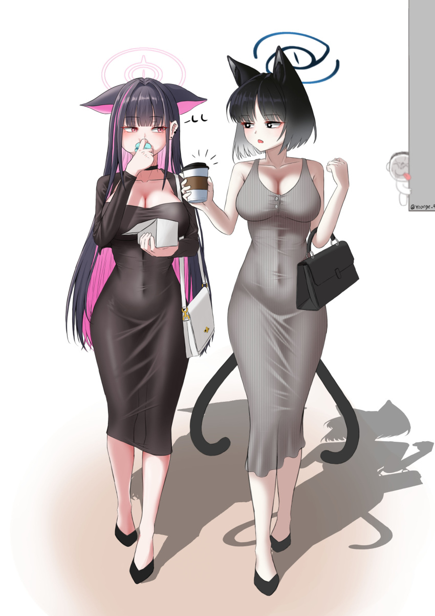 1girl 2girls absurdres alternate_hair_length alternate_hairstyle animal_ears artist_name bag bare_shoulders black_choker black_dress black_eyes black_footwear black_hair blue_archive blush breasts cat_ears cat_tail choker cleavage collarbone colored_inner_hair covered_navel cup doodle_sensei_(blue_archive) dress earrings extra_ears eye_contact food grey_dress halo handbag highres holding holding_cup holding_food jewelry kazusa_(blue_archive) kikyou_(blue_archive) large_breasts long_hair looking_at_another macaron multicolored_hair multiple_girls multiple_tails open_mouth pink_hair sensei_(blue_archive) shoes short_hair sleeveless sleeveless_dress solo tail tight_clothes tight_dress two-tone_hair two_tails very_long_hair yoonge_a