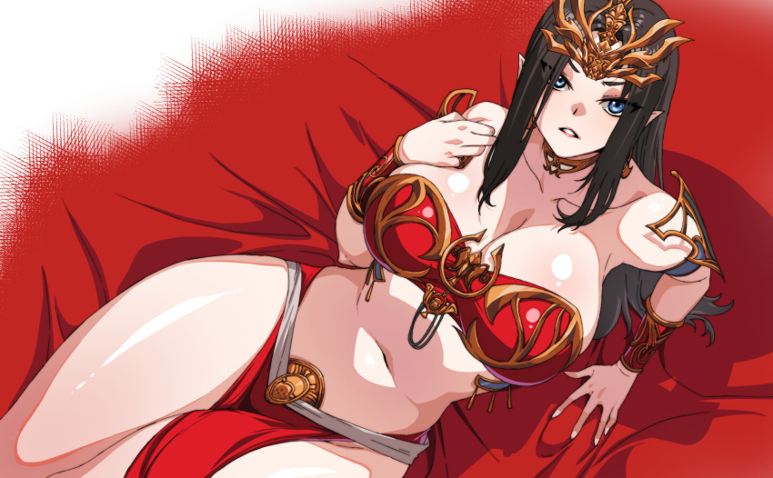 1girl armband bed_sheet blue_eyes breasts cai_lin_(doupo_cangqiong) collarbone commission commissioner_upload doupo_cangqiong furrowed_brow hair_ornament highres jewelry large_breasts long_hair navel non-web_source pelvic_curtain pixiv_commission pointy_hair rantia red_skirt red_tank_top skirt solo tank_top teeth thighs upper_body