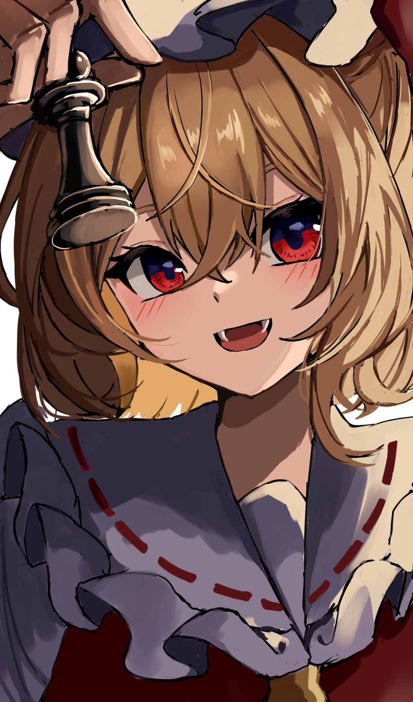 1girl absurdres ascot blonde_hair chess_piece crystal fangs flandre_scarlet hat highres looking_at_viewer medium_hair open_mouth pawn_(chess) red_eyes solo touhou umiwatari upper_body yellow_ascot