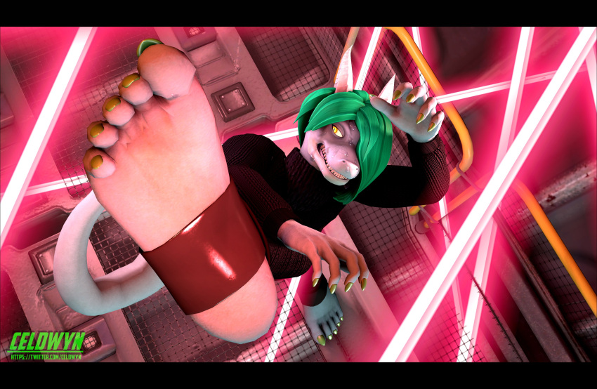 3d_(artwork) absurd_res acrobatics alternate_version_at_source anthro black_border bodily_fluids border caryll_(chappey) chappey claws clothed clothing colored_claws digital_media_(artwork) feet female foot_fetish foot_focus footwear hi_res humanoid laser lizard petruz_(copyright) reptile scalie socks solo source_filmmaker stirrup_socks sweat sweatdrop text url watermark