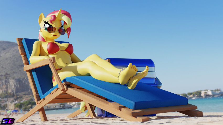 3d_(artwork) 5_toes absurd_res anthro beach beach_chair bikini breasts clothing cutie_mark digital_media_(artwork) equestria_girls equid equine eyewear feet female hasbro hi_res horn humanoid_feet jewelry mammal my_little_pony plantigrade seaside shadowboltsfm solo sunglasses sunset_shimmer_(eg) swimwear toes unicorn