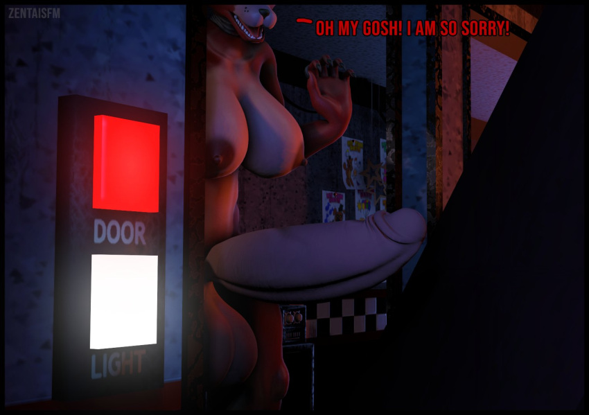 2021 3d_(artwork) 5_fingers animatronic anthro apology areola balls big_balls big_penis breasts canid canine digital_media_(artwork) exclamation fingers five_nights_at_freddy's fox foxy_(fnaf) genitals gynomorph intersex machine mammal nipples nude open_mouth penis red_text robot scottgames solo source_filmmaker teeth text zentaisfm