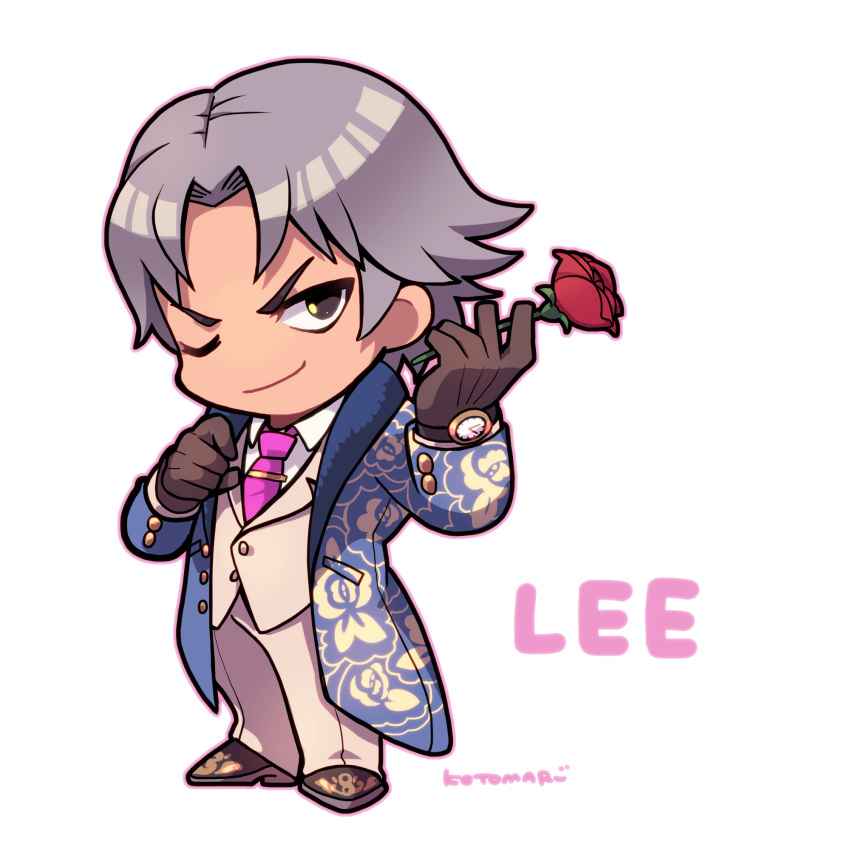 1boy black_eyes black_gloves blue_coat brown_footwear character_name closed_mouth coat collared_shirt dress_shoes flower full_body gloves highres holding holding_flower jacket kotorai lee_chaolan long_sleeves male_focus necktie no_nose one_eye_closed pants pink_necktie purple_eyes red_flower shirt short_hair signature smile solo tekken tie_clip watch white_background white_jacket white_pants white_shirt wristwatch