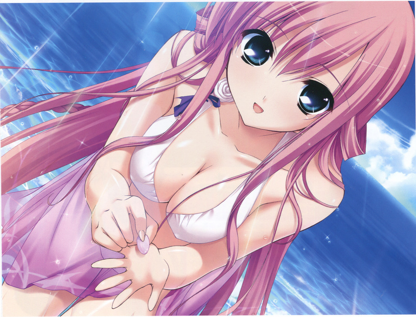 amamiya_kurara bikini blue_eyes braid breasts cleavage cloud covered_nipples day dutch_angle fumio_(ura_fmo) highres hoshiuta large_breasts long_hair ocean open_mouth pink_hair purple_sarong sarong smile solo swimsuit very_long_hair water wet