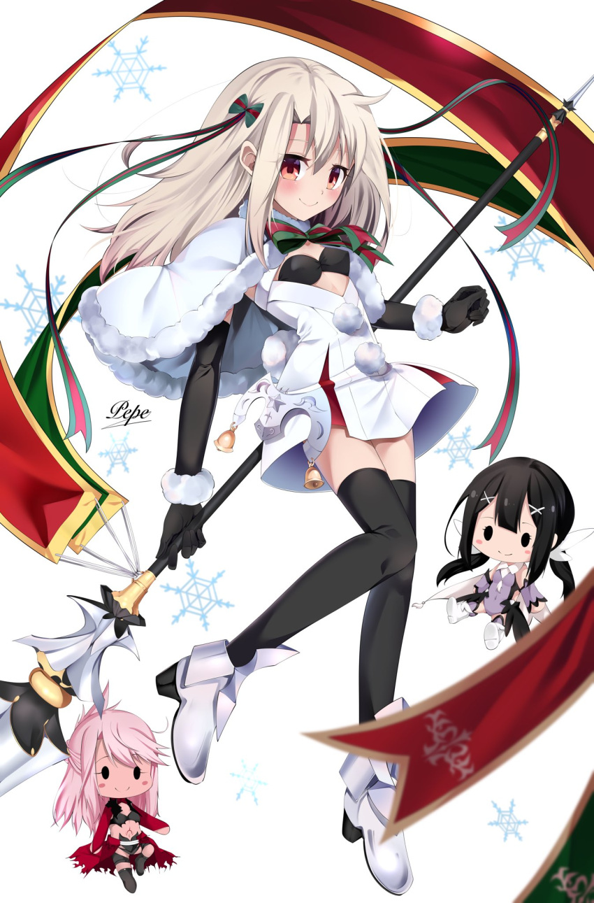 1girl 3girls bikini black_bikini black_gloves black_thighhighs blush boots bow breasts capelet chibi chloe_von_einzbern cosplay dress elbow_gloves fate/grand_order fate/kaleid_liner_prisma_illya fate_(series) flag full_body fur-trimmed_capelet fur_trim gloves hair_bow highres illyasviel_von_einzbern jeanne_d'arc_alter_santa_lily_(fate) jeanne_d'arc_alter_santa_lily_(fate)_(cosplay) long_hair looking_at_viewer miyu_edelfelt multiple_girls pei_iriya polearm red_eyes ribbon short_dress sidelocks small_breasts striped striped_bow striped_ribbon swimsuit thighhighs weapon white_background white_capelet white_dress white_hair