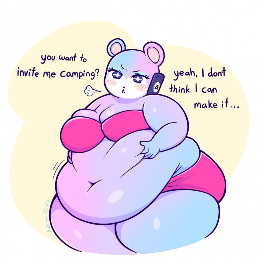 1:1 2024 animal_crossing anthro bear belly belly_grab belly_overhang big_belly big_breasts blue_body blue_fur bra breasts cellphone clothed clothing digital_drawing_(artwork) digital_media_(artwork) electronics english_text female fur gradient_fur hi_res huge_thighs judy_(animal_crossing) mammal muffin_top multicolored_body multicolored_fur nintendo obese obese_anthro obese_female on_phone overweight overweight_anthro overweight_female panties phone pink_body pink_fur purple_body purple_fur robirobi solo sparkling_eyes text thick_thighs underwear underwear_only